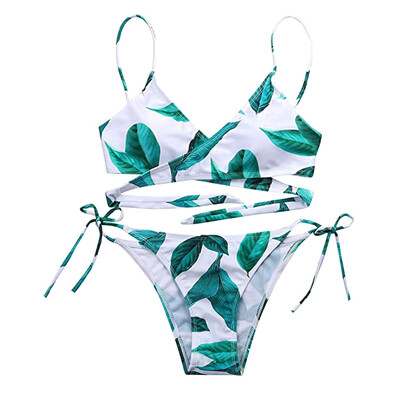 

Women Sling Swimsuit Adjustable Leaves Print Bikini Ladies Sexy Swimwear