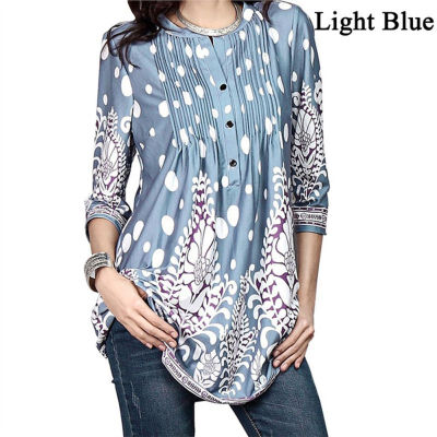 

Women Long Sleeve Three Quarter Sleeves Tunic Tops Long Blouse Floral Printed O Neck Pullover Autumn Casual Shirt Female -2XL