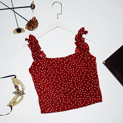 

Womens V Neck Sleeveless Dot Print Ruffles Chiffon Tank Top