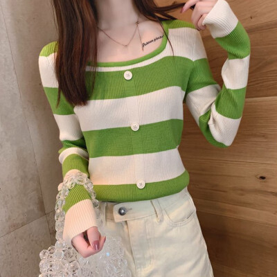 

Autumn New Loose Casual Striped Pattern T-shirt Korean Style Round Neck Long-sleeved Women Knit Tee Top