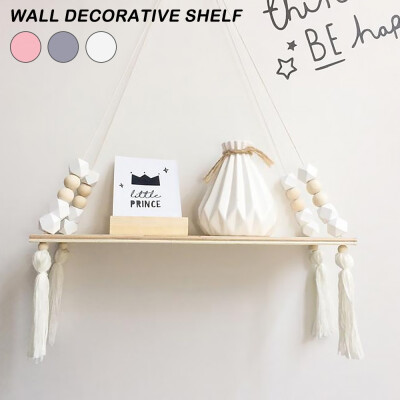 

Macaron Octagonal Beads Tassel Wall Hanging Shelf Wood Rope Swing Shelves Baby Kids Room Storage Holder Decor