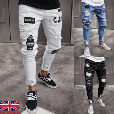 

Men Ripped Biker Skinny Jeans Frayed Destroyed Trousers Casual Denim Pants -3XL