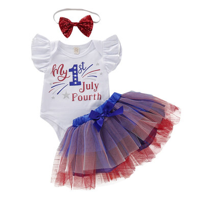 

0-18M Summer Baby Girl Casual Flare Sleeve Cotton Romper Tops Mesh Tutu Skirt With Headband Independence Day Outfits Set
