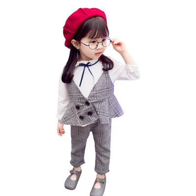 

3pcs Toddler Baby Kids Girls Outfits Cotton Top T-shirtPlaid VestTrousers Set Long Sleeves Autumn Clothes Outfits Sets 1-5T