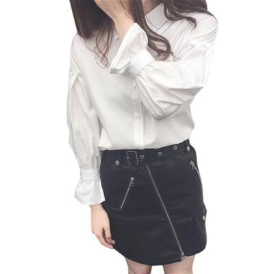 

Womens Blouses Lantern Long Sleeve Tops&Blouses Casual Solid Ladies Shirts BlueWhite Blusas Plus Size  Blusa Feminina