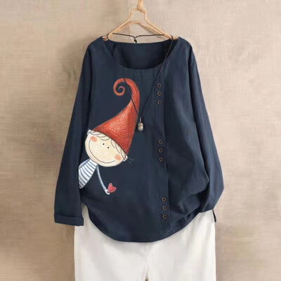 

Womens Casual Long Sleeves Loose Tops Shirt 3D Print Crew Neck Button Blouse