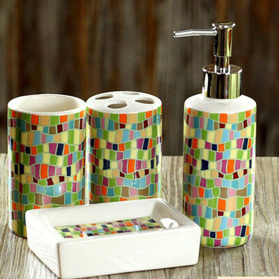 

4 Pieces Multicolor Ceramic Modern Style Bathroom Set Colorful Pattern Design Toothbrush Holder Soap Dispenser