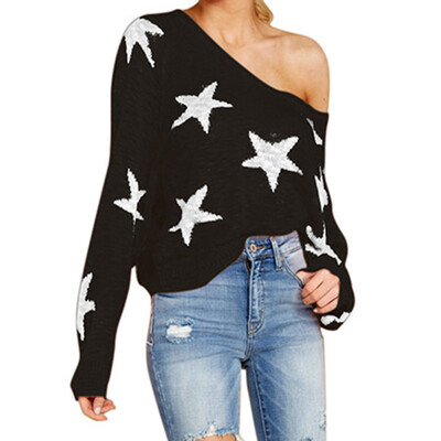 

New Fashion Women Tops Single Shoulder Thin Stars Printed Long-Sleeved Shirt Loose Pullover V-neck sweater