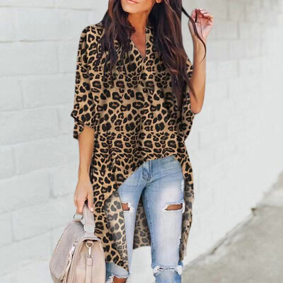 

shirt fashion Women shirt V-Neck Loose Mid-Length Bat Sleeve Summer Leopard Print Irregular Casual Simple Wild Tops