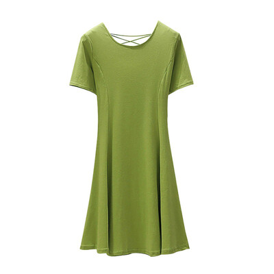 

Women Wild Sexy Back Cross Belt Dress Solid Color Waist Slim Round Collar Shirts Short Sleeve Casual Dress