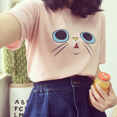 

Womens Round Neck Cartoon Blue Eyes Print Short Sleeve T-Shirt Sweet Retro Loose Tops T-Shirts Tops