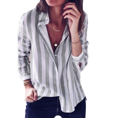 

Ladies Striped Long Sleeve Turn Down Collar Button Loose Blouse Shirt Spring Summer Womens Tops And Blouses Casual Tees