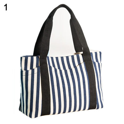 

Women Fashion Stripes Canvas Single Shoulder Handbag Zipper Cloth Purse Tote Bag