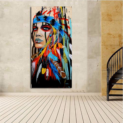 

Native American Indian Girl Feathered Canvas Painting For Living Room Wall Art Home Décor Unframe Unframe 50x100cm20x40"