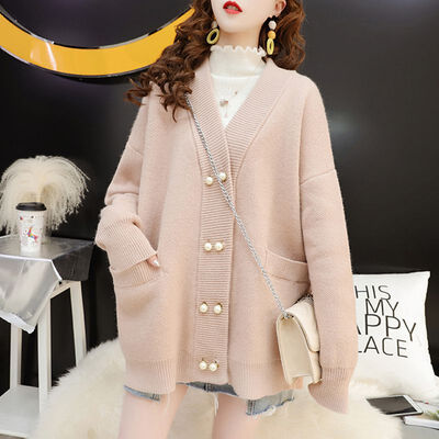 

White Sweater Women Korean Style Double-breasted Solid Long Sweet Sweater Cardigan Loose Casual V-neck Female Knit Cardigan