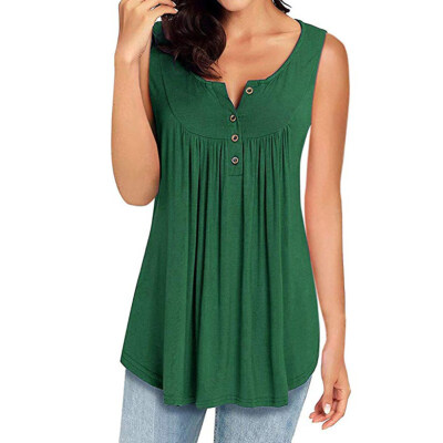 

Summer Women Casual Solid Color Buttons Pleated Loose Sleeveless Tank Top Vest