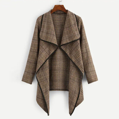 

Toponeto Fashion Women Outwear Long Sleeves Plaid Lapel Irregular Cardigan Woolen Coat