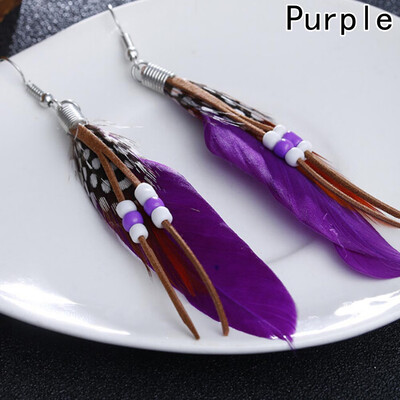 

2pair 10 Colors Beads Bohemian Wedding Statement Feather Hanging Earrings Fashion Jewelry Boho Long Dangle Earrings For Women