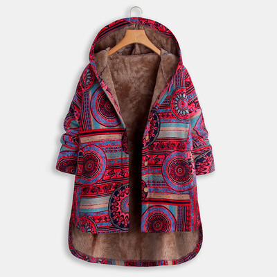 

Toponeto Women Vintage Ethnic Print Quilted Fleece Hooded Long Sleeve Button Winter Coat