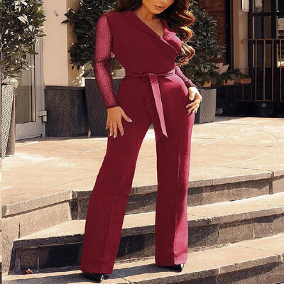 

Notched Lapel Solid Mesh Spliced Long Sleeve Strappy Maxi Wrap Jumpsuit