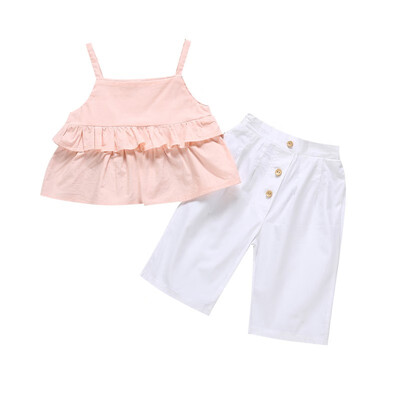 

Summer Baby Girl Solid Print Sleeveless Strap Tops Casual Pants Trousers With Bow Headband Outfits Set