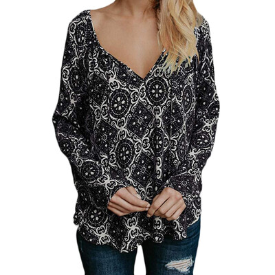 

Women Blouse Autumn Casual Sexy V-neck Loose Blouses Femme Top Long Sleeve Ladies Printed Blouses Camisa Feminina