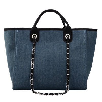 

Simple Solid Color Large Capacity Tote Pouch Women Chain Zip Shoulder Canvas Bag