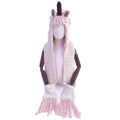 

Boys Girls Crochet Cartoon Unicorn Winter Hat with Scarf Pocket Hooded Knitting Beanie Set