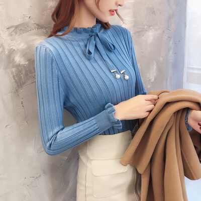 

Women Sweater Autumn Long Sleeve Bow Collar 2019 Casual Slim Elegant Sweater Winter Knitted Sweater Lace Up Female Pullover