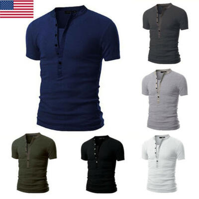 

US Men Slim Fit V Neck Short Sleeve Muscle Tee T-shirt Button Casual Top Blouse