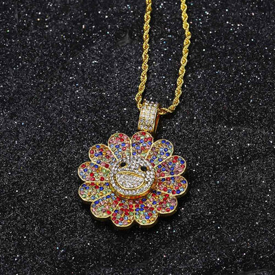 

Men Women Iced Out Gold Plated Diamond Sunflower Colorful Sunflower Rotating Hip Hop Pendant Necklace