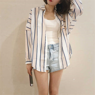 

Summer Casual Striped Print Turn-down Collar Pockets PinkBlue Color Women Shirts Long Sleeve Student Loose Blouse Tops Female