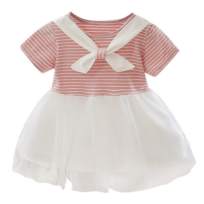 

Summer Baby Girls Casual Striped Pattern Short Sleeve Dress With Mesh Design Cotton Kids Toddler Sundress