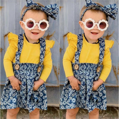 

UK Toddler Baby Girls Floral Long Sleeve Top Skirt Strap Dress Outfits Clothes