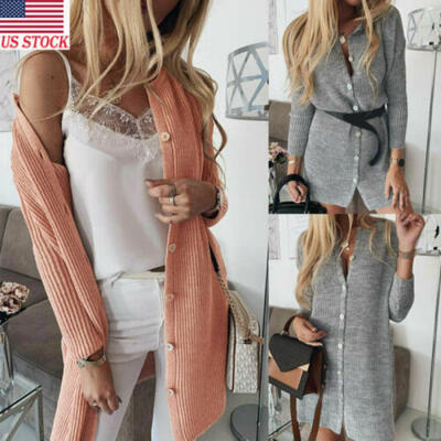 

US Womens Solid Long Sleeve Cardigan Winter Warm Open Front Sweater Jumper Top