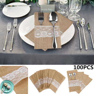 

50100PCS Hessian Burlap Lace Rustic Jute Tableware Pouch Cutlery Holder Bag Wedding Party Decoration