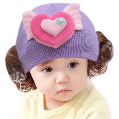 

Newborn Cute Baby Hat Toddler Baby Warm Knit Hat Girls Caps Cartoon Bowknot Cap Girls Fake Hair Wig Hats Kids Headwear