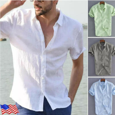 

Luxury Mens Short Sleeve Casual Loose Linen T-shirt Dress Shirt Blouse Tops Tee