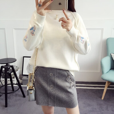 

2018 autumn&winter new Korean womens embroidery leggings knitted sweater semi-turtleneck short sweater
