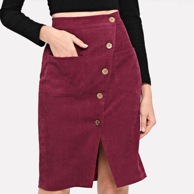 

Tailored Fashion Women Solid High Waist Pocket Button Mid Long Casual Skirts