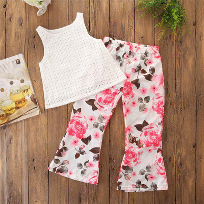 

Summer Girl Clothes Set White Plaid Sleeveless Top Floral Trumpet Trousers Two-piece Fashion Childrens Clothing