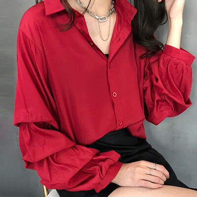 

ROPALIA Spring Summer Turn Down Collar Blouses Casual Solid Womens Puff Long Sleeve Shirt Spring Loose Blusa Tops Femme