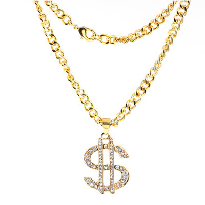 

Shinning Rhinestone Dollar Money Sign Pendants Alloy Long Necklaces for Hip Hop Women Men