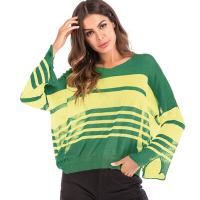 

2018 Autumn Winter Sweater Women Striped Spell Color Pullover Jumper Long Sleeve O-Neck Knitted Tops Outwear Femme Sweater