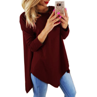 

Women Simple Concise Solid Color Shirt V-neck Long Sleeve Irregular Hem Shirt