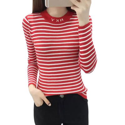 

Women Autumn Winter Stripes Print Slim Long-Sleeved Round Collar Slim Bottom Knit Sweater