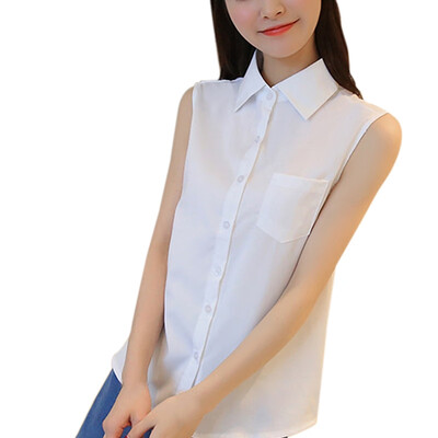 

Korean Sleeveless Turn-down Collar Pockets Solid Office Lady Blouse Shirt Wild WhiteBlue Color Summer Womens Tops And Blouses