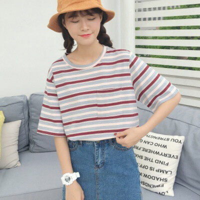 

Women Casual Striped Print O Neck Short Sleeve Loose T-Shirt Women Tshirt Loose Korean Style Tshirt camiseta mujer 2019 New
