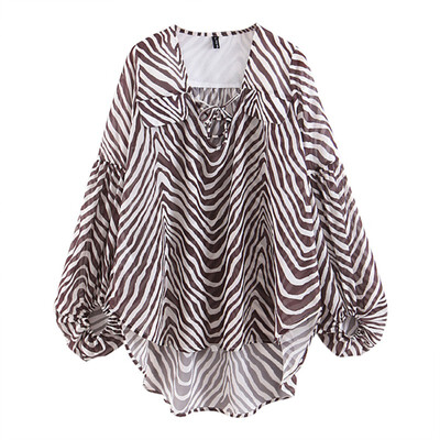 

Women Zebra Striped Pullover Blouse Shirt Long Lantern Sleeve Blouse V-Neck Shirts Casual Tops Chiffon Clothes