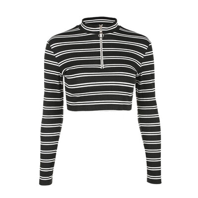 

Fashion Autumn Knitted Tops Long Sleeve Zipper Turtleneck Slim T-Shirt Striped Black Crop Tops Bare Midriff Tees